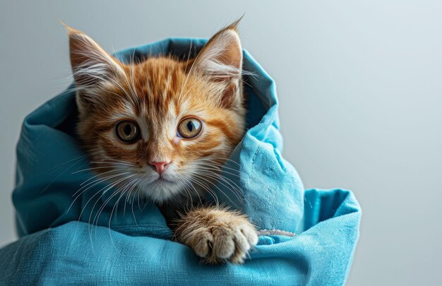 Een schattig roodharig kittenje kijkt uit een blauwe deken en vangt zijn nieuwsgierigheid en warmte vast.