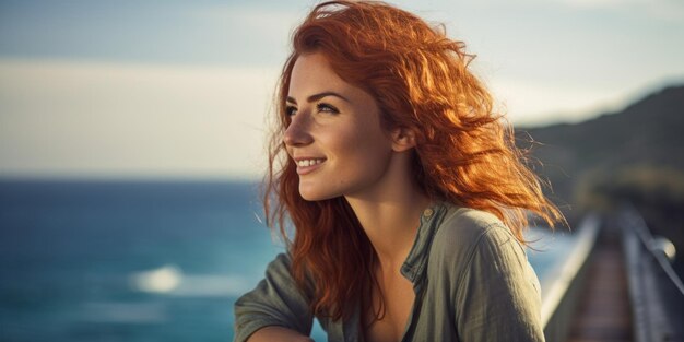 Een schattig roodharig meisje met een mooie glimlach poseert bij de kust op de pier close-up portret Generatieve AI