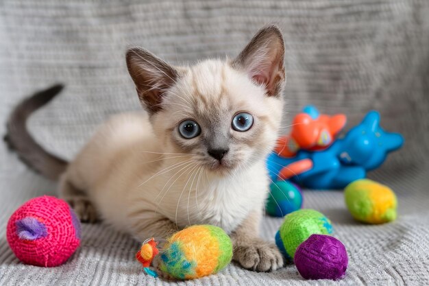 Een schattig Siamese kitten speelt met kleurrijke speelgoed op een gezellige grijze, gestructureerde deken