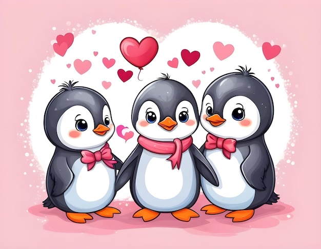 Foto een schattig tekenfilmpaar pinguïns op valentijnsdag.