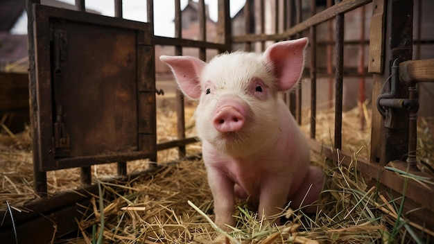 Een schattig varken in een kooi.