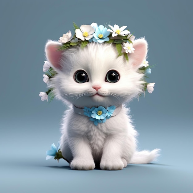 een schattig wit pluizig kitten met bloemen op zijn hoofd