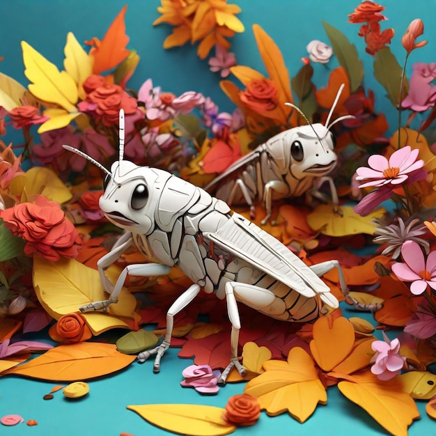 Foto een schattige 3d-illustratie van sprinkhanen op kleurrijke bladeren