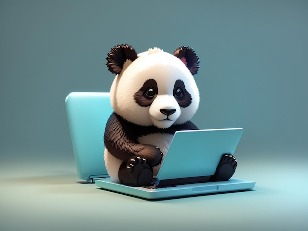 Een schattige 3D-panda met een laptop op een solide achtergrond