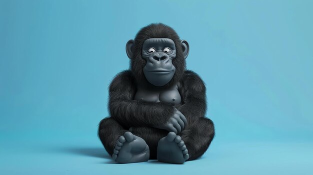 Een schattige 3D-weergave van een cartoon gorilla zit op een blauwe achtergrond de gorilla heeft donkere vacht een grote glimlach en kijkt naar de camera