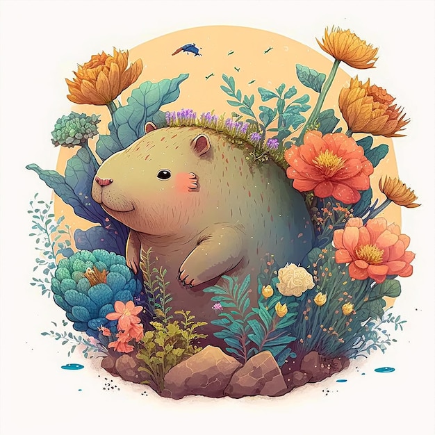 Een schattige anime capibara en kleurrijke vetplanten eromheen. AI gegenereerd