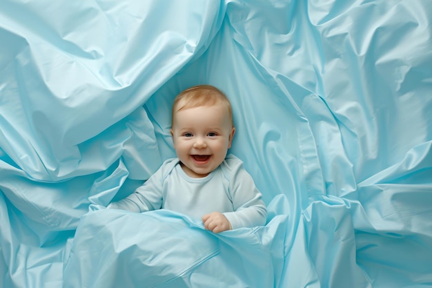 Een schattige baby die comfortabel in een zachte blauwe deken zit.