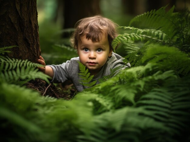 Foto een schattige baby die de natuur verkent.