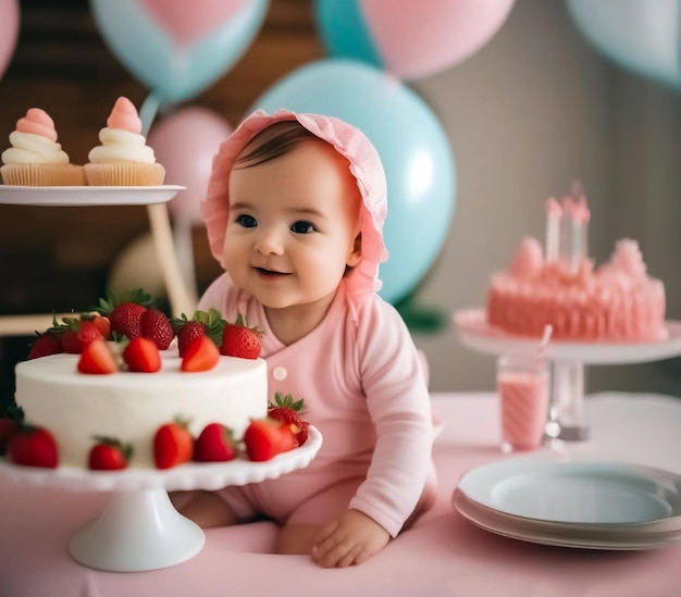 Een schattige baby naast een aardbeientaart op zijn eerste verjaardag.