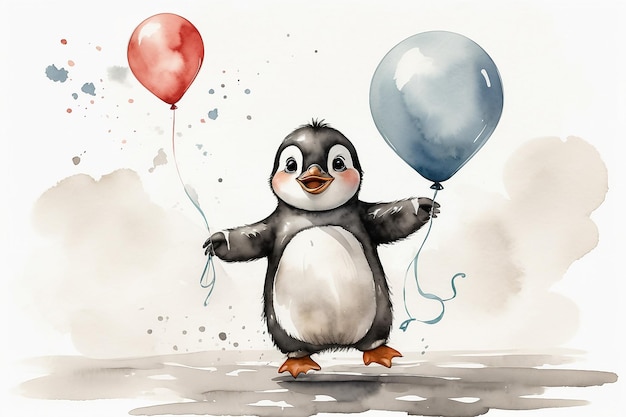 Een schattige baby pinguïn met ballonnen cartoon waterverf witte achtergrond