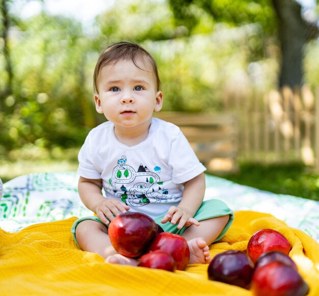 Een schattige baby zit op een deken omringd door appels Een baby zit op deken met appels