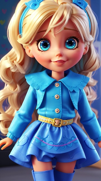 Een schattige Barbie-pop in een blauwe jurk