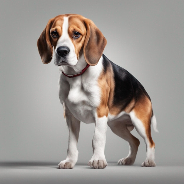 Een schattige beagle hond met een schone grijze achtergrond