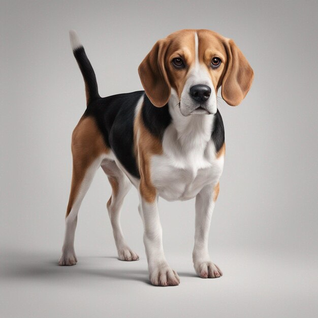 Een schattige beagle hond met een schone grijze achtergrond