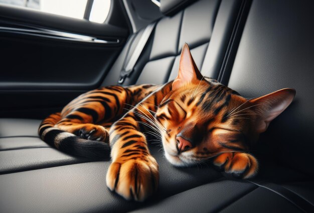 Een schattige Bengaalse kat die alleen op de passagiersstoel rust zonder drager in de auto wanneer ze met de eigenaar op zomervakantie reist