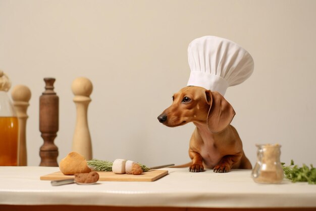 Foto een schattige bruine dachshund hond met een kokkap zit voor een keukentafel gevuld met ingrediënten voor het koken