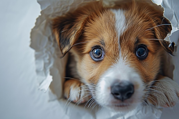 Een schattige bruine en witte puppy die uit een kartonnen doos kijkt.