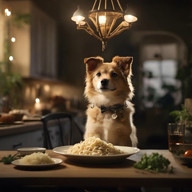 Een schattige bruine hond die noedels op een tafel eet.