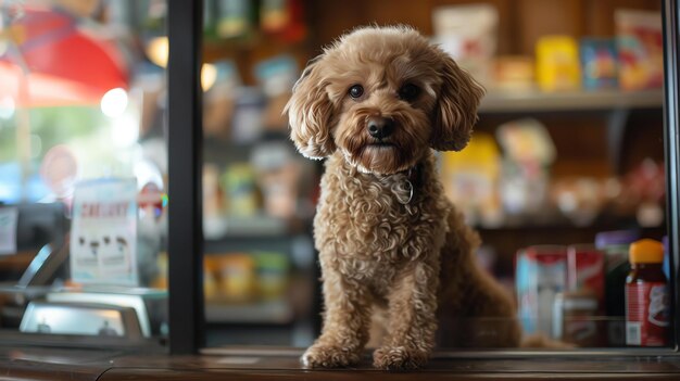 Foto een schattige bruine speelgoedpoedel zit op een toonbank in een winkel de puppy heeft een halsband met een label en kijkt naar de camera de achtergrond is wazig