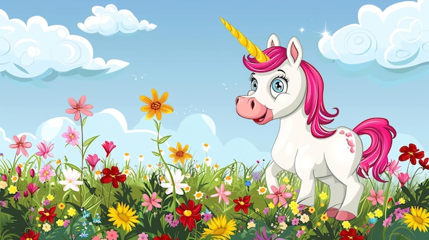 Een schattige cartoon eenhoorn met een roze manen staat in een veld van kleurrijke bloemen