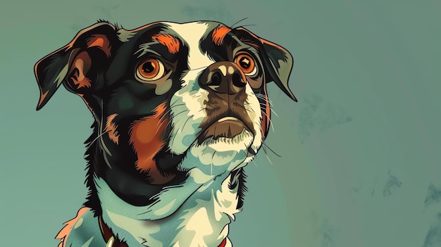 Een schattige cartoon hond met grote ogen en een zwarte neus kijkt op naar iets met een nieuwsgierige uitdrukking op zijn gezicht