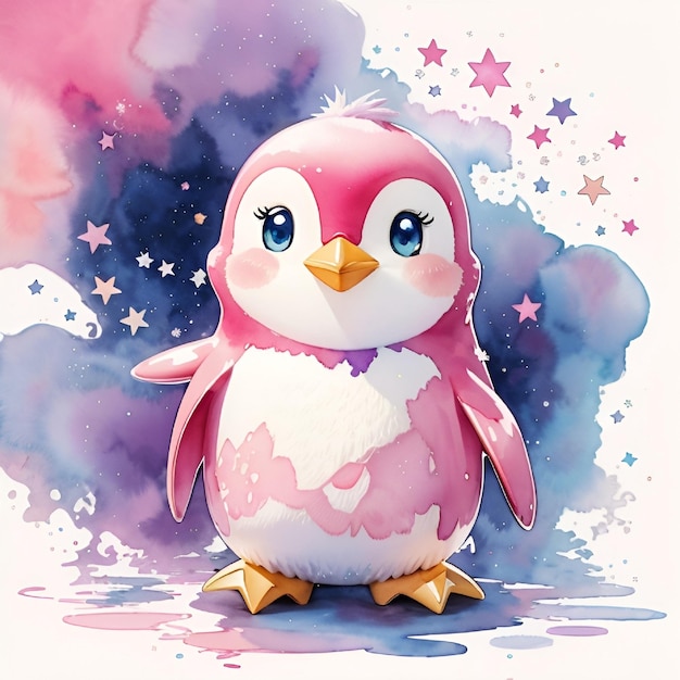 Foto een schattige cartoon roze pinguïn waterverf stijl ster