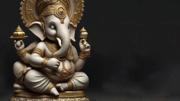 Een schattige Chibi Baby witte Ganesh standbeeld op een donkere zwarte of donkere grijze achtergrond gouden filigree op t