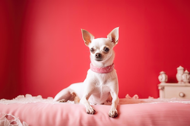 Een schattige chihuahua in een roze kamer met veters gegenereerd door AI.