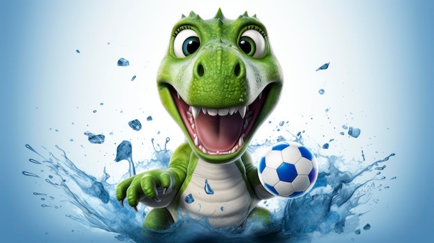 Een schattige dinosaurus die voetbal speelt op een doorzichtige achtergrond.