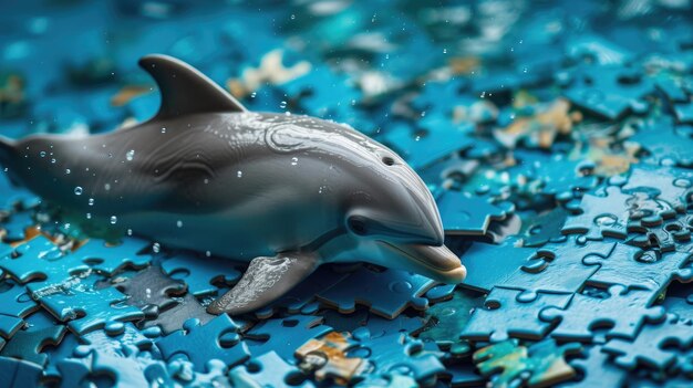 Foto een schattige dolfijn geniet van een puzzelspel vanuit de bovenkant en toont zijn intelligentie met charme.