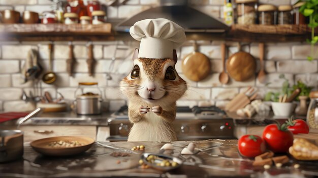 Foto een schattige eekhoorn chef staat in een keuken hij draagt een witte chef hoed en een schort