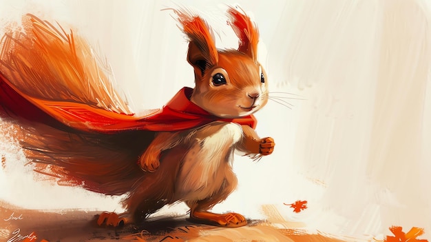 Een schattige eekhoorn met een rode cape staat op een tak en ziet eruit als een superheld de eekhoorn is omringd door een zachte schilderachtige achtergrond