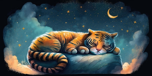 Een schattige en aanbiddelijke tijger slaapt onder de nachtelijke hemel tussen sterrenkussen