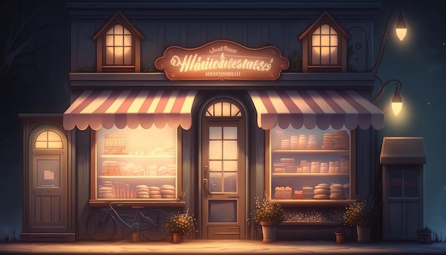 Een schattige en kleine kruidenierswinkel in de buurt, 's nachts.. AI generatief.