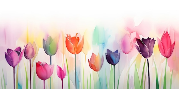 Een schattige en kleurrijke aquarel tulpenachtergrond met zachte focus en levendige tinten Perfect voor decoratief gebruik Generatieve AI