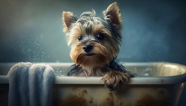 Een schattige en schattige foto van een hond die in bad gaat Generatieve AI