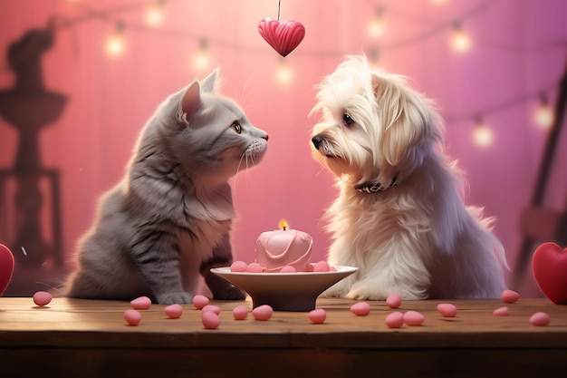 een schattige en speelse scène met schattige dieren die Valentijnsdagkaarten uitwisselen in een grillige set