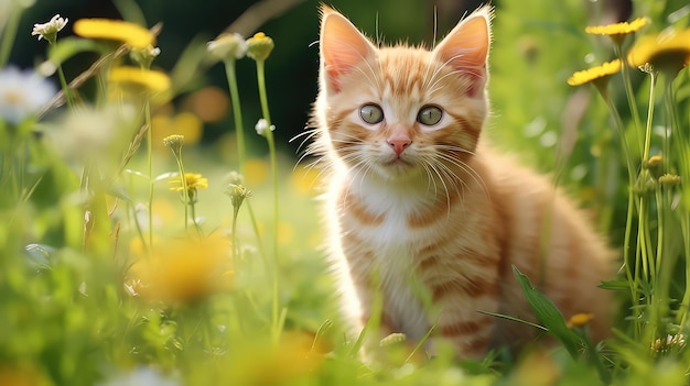 Een schattige gele kat in een tuin met groen gras wazig