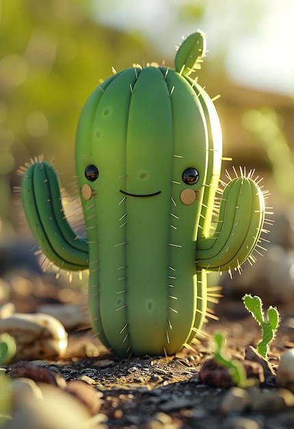 Een schattige glimlachende cactus die in de woestijn staat.