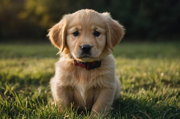 een schattige Golden Retriever puppy zit op een grasgrond