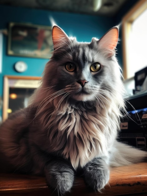 Een schattige grijze maine coon-kat rust generatieve ai