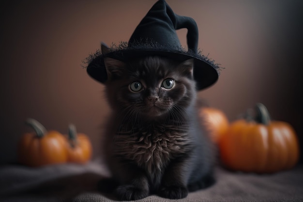 Een schattige halloween heksen zwarte kat met een heksenhoed Generatieve ai