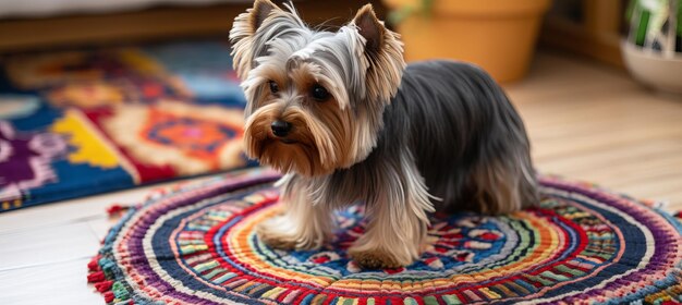 Foto een schattige hond die geniet van een heerlijke maaltijd uit een schaal met huisdierenvoeding op een charmant rond rattan tapijt