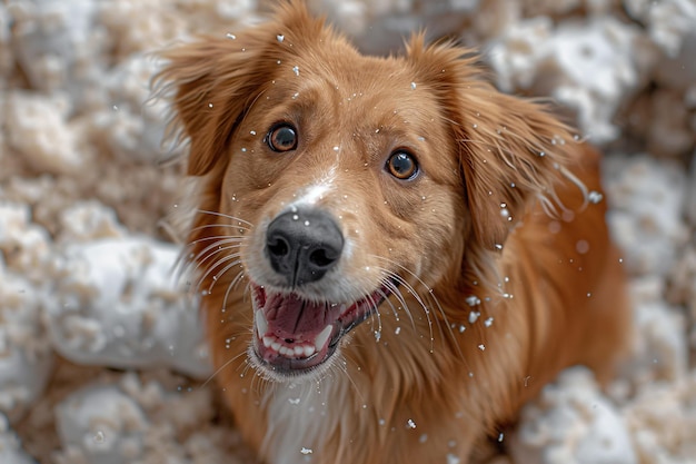 Een schattige hond die glimlacht naast een verscheurd speelgoed.