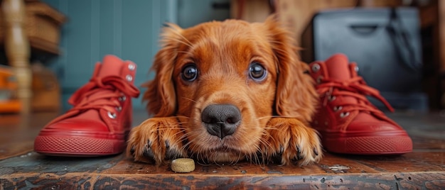 Een schattige hond smeekt om eten aan de keukentafel.