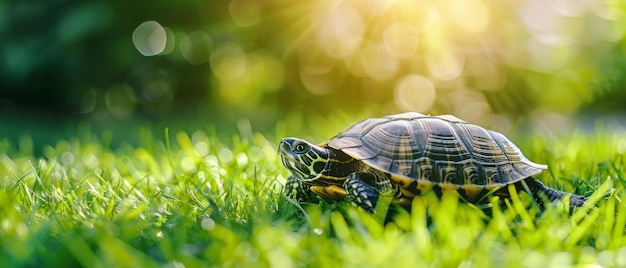 Foto een schattige huisdier schildpad centrochelys sulcata op het gras een concept van dierenzorg en behandeling