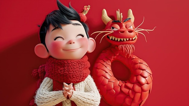 Een schattige humanoïde Japanse rode draak en een kleine Chinese jongen in Pixar-stijl, beiden dragen humanoïde witte truien met grote rode wol sjaals om hun nek.