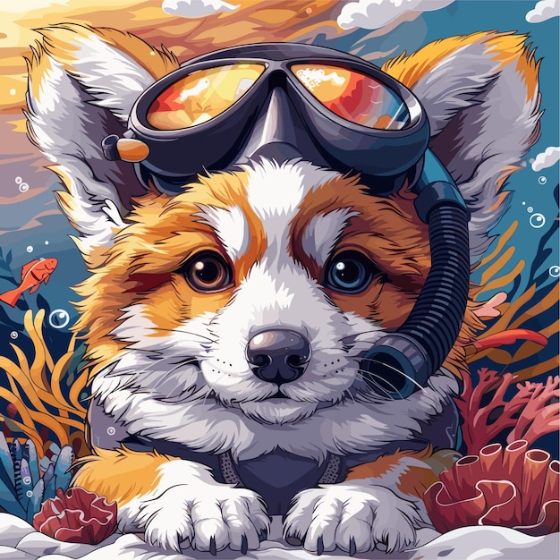 Een schattige illustratie van een hond die een snorkel en een beschermbril draagt en de onderwaterwereld van een