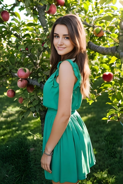 Een schattige jonge vrouw in een groene zomerjurk staat in een boomgaard met appels.