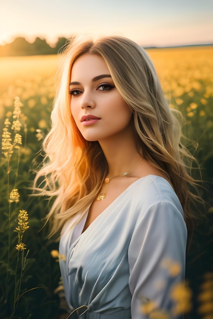 Een schattige jonge vrouw in een witte elegante zomerjurk die op bloemenvelden loopt